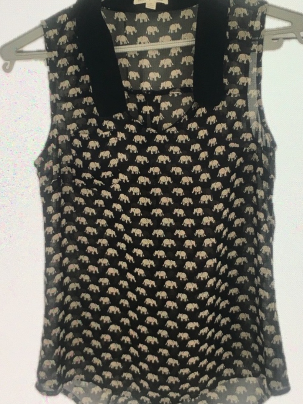 Mine Elephant Print Sheer Sleeveless Blouse Black Collar High Low Small S